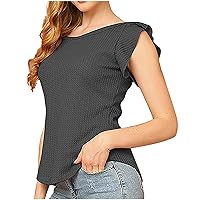 Crochet Plain T Shirts for Ladies Summer Fall Ruffle Cap Sleeve Crewneck Slim Tunic Tops Shirt Women 2024