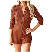 Ribbed Knit Rompers for Women, V Neck Button Down Romper Shorts Solid Long Sleeve Jumpsuits Sexy Casual Outfits
