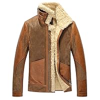 FLAVOR Mens Leather Bomber Jacket Warm Piolt Winter Shearling Jackets Aviator Coat