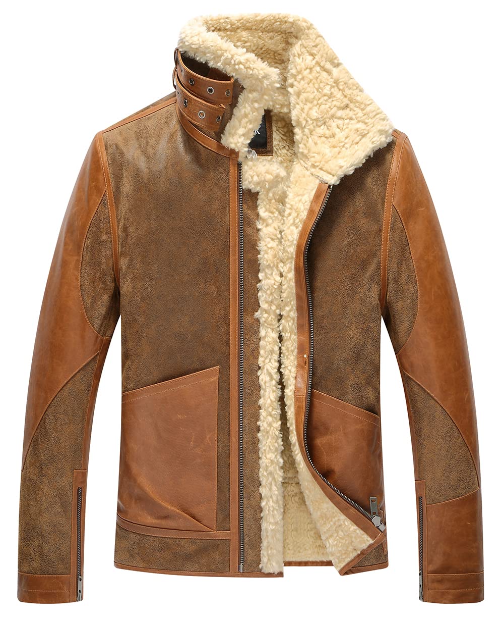 FLAVOR Mens Leather Bomber Jacket Warm Piolt Winter Shearling Jackets Aviator Coat