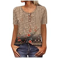 Women's New Button V-Neck Fashion Print Short Sleeve Retro Print T-Shirt Slim Top Casual Loose Comfortable Tops