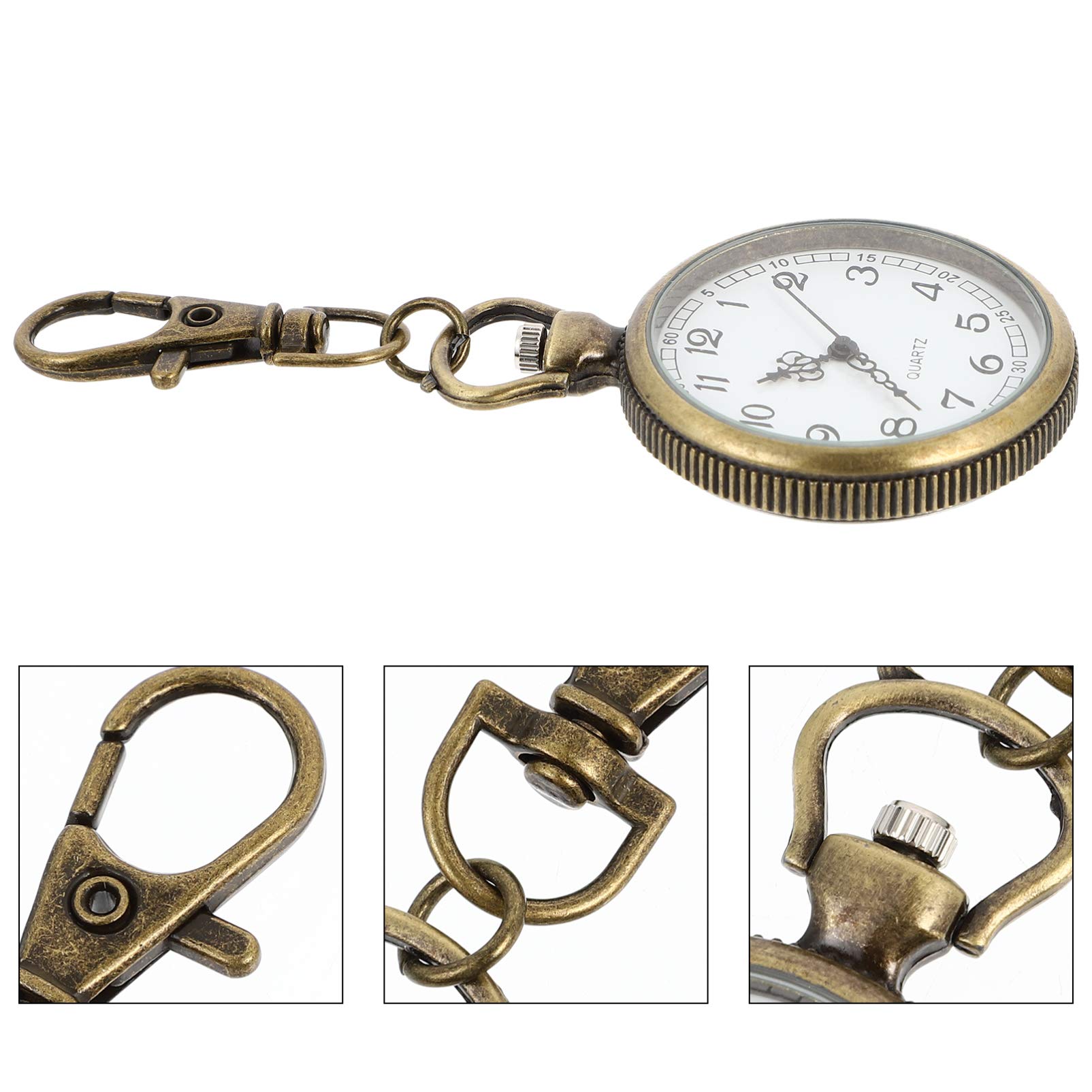 POPETPOP Clip- on Open Face Quartz Pocket Watch with Key Buckle- Unisex Fob Watch Hanging Pocket Watch Decorative