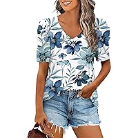 Summer Tops for Women 2024 Trendy Henley V Neck Gradient Print Short Sleeve Shirts Casual Loose Comfy Blouses
