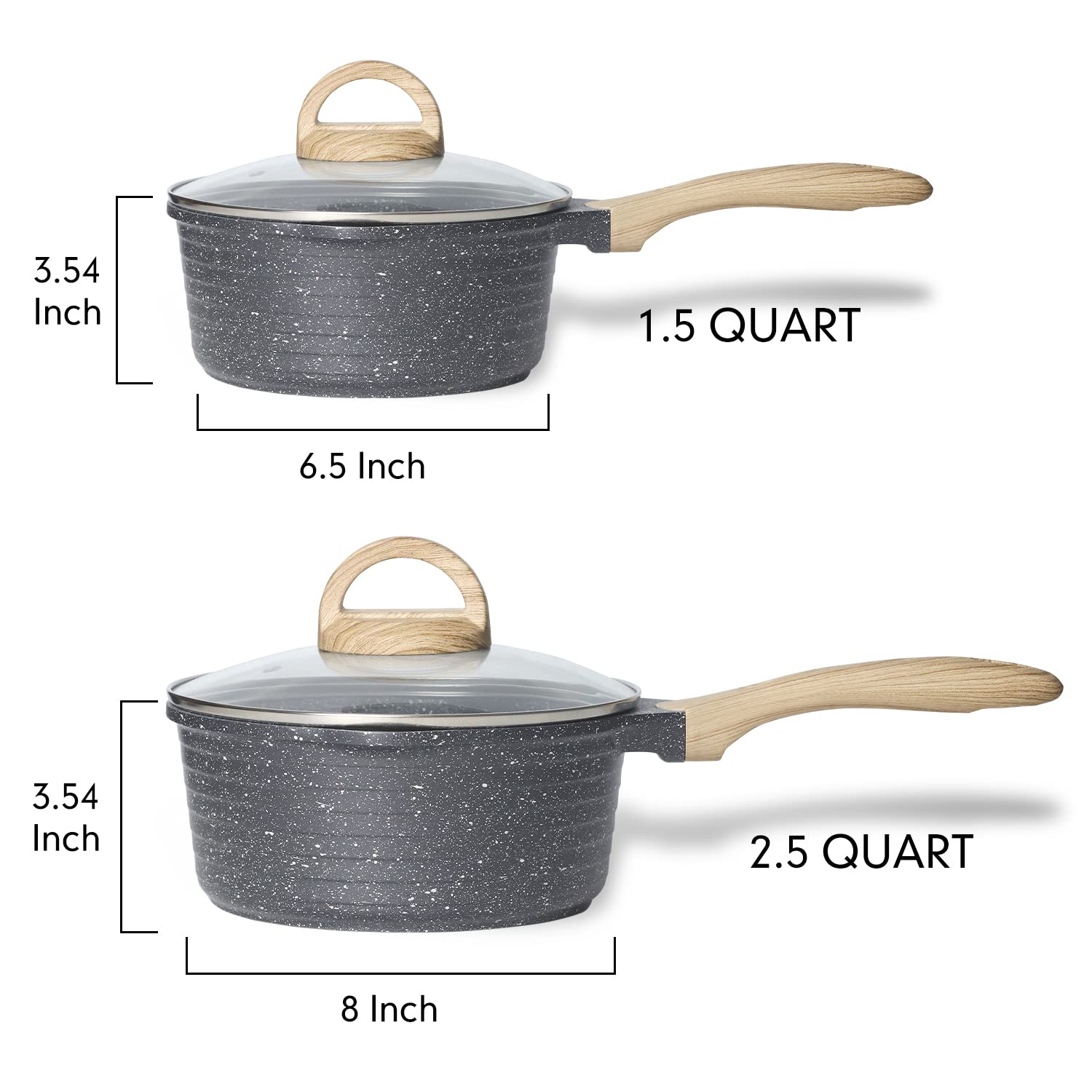 JEETEE Pots Nonstick, 1.5 Quart & 2.5 Quart Induction Granite Coating Saucepan Sets with Glass Lid & Pour Spout, PFOA Free (Grey, 4pcs Pots Set)