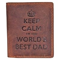 Man Brown Leather Wallet RFID Card Blocking ID Protection - Keep Calm I'm The Worlds Best Dad - Real Distressed Hunter Leather Gents Wallet Best Gift For Him 705-BRN