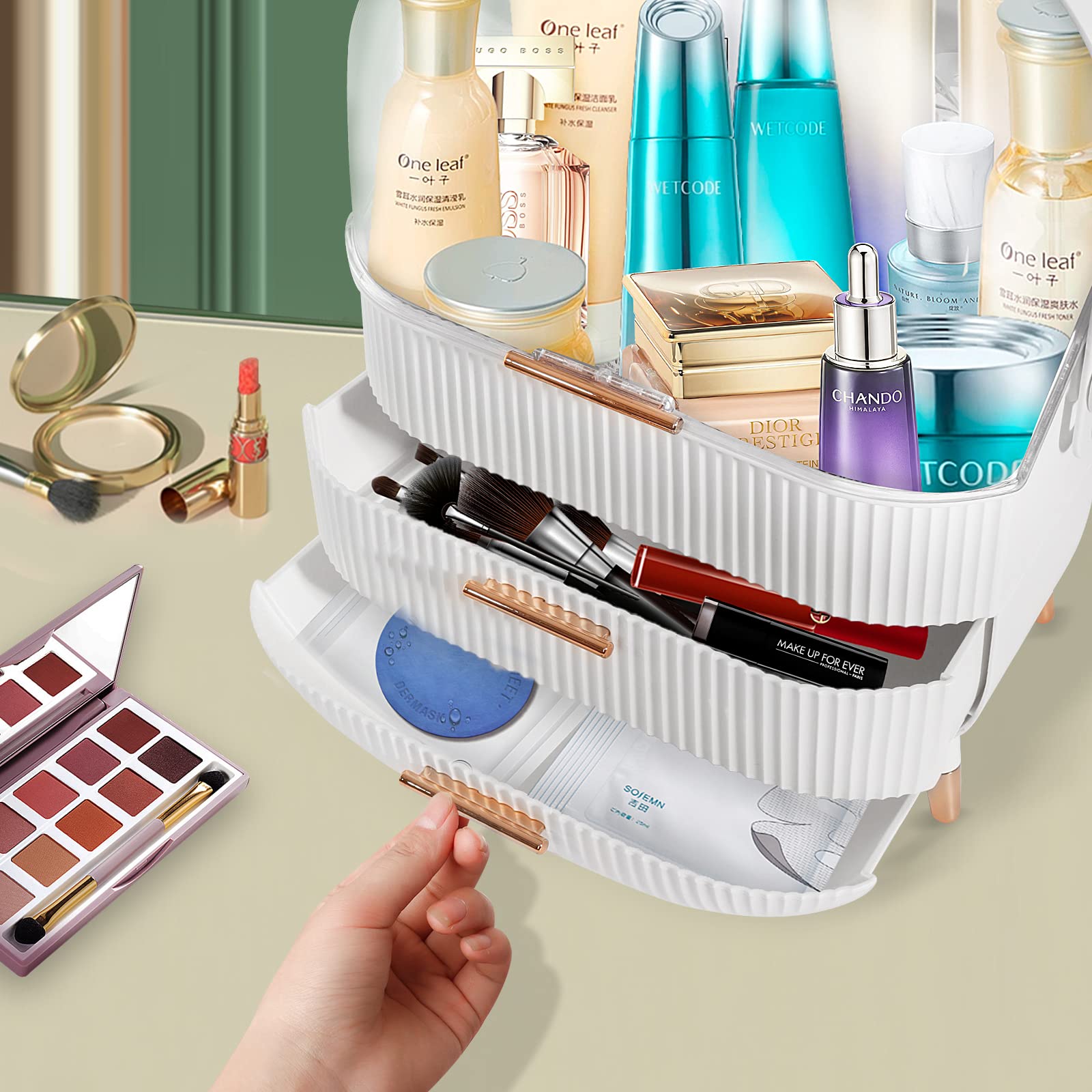 MASSY Egg Shape(Oval) Makeup Storage Box, Countertop Portable Vanity Cosmetics Organizer Preppy Style (White)