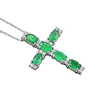 AAA+ Quality Natural Zambian Emerald 6X4 MM Oval Gemstone 925 Sterling Silver May Birthstone Emerald Jewelry Cross Pendant Necklace Blessing Gift For Mom