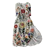 Summer Dress for Women 3/4 Sleeve Button Up A Line Flowy Maxi Dresses Vintage Floral Literary Simple Cotton Dress
