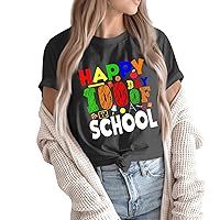 Happy 100 Days of School Shirt Teacher T-Shirt Women Crew Neck Short Sleeve Shirt Gift Tops T-Shirts for 100 Days