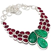 Carved Zambian Mines Emerald, Ruby 925 Sterling Silver Necklace 18