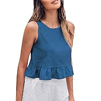 Workout Tanks for Women Cotton Linen Tanks Women Casual Crew Neck Peplum Ruffle Hem Sleeveless Babydoll Tank Top