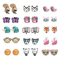Pibupibu15 Pairs Mix Cute Colorful Animal Shaped Assorted Earrings Studs Set, Hypoallergenic (15 Animals)