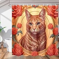 Cat with Rose Shower Curtain for Bathroom Decor, Cat 72x72in Bath Curtains, Waterproof Bathroom Curtains with Hooks for Bathtubs