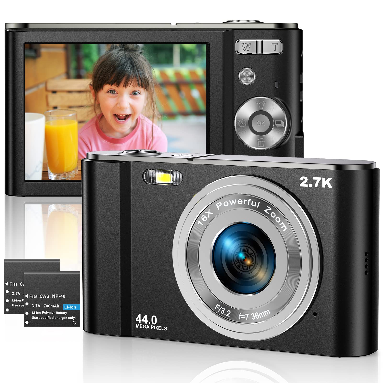 Digital Camera 2.7K Ultra HD Mini Camera 44MP 2.8 Inch LCD Screen Rechargeable Students, Compact Pocket Camera with 16X Digital Zoom YouTube Vlogging Camera for Kids,Adult,Beginners(Black)