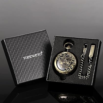 TREEWETO Mens Mechanical Pocket Watch Dream Dragon Skeleton Half Hunter Double Open Silver/Bronze/Black Case for Man