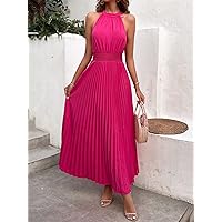 Fall Dresses for Women 2023 Pleated Hem Shirred Waist Halter Dress Dresses for Women (Color : Hot Pink, Size : Medium)