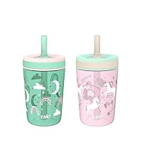 Zak Designs Kelso Toddler Cups For Travel or At Home, 15oz 2-Pack Durable Plastic Sippy Cups With Leak-Proof Design is Perfect For Kids (Fanciful Unicorn, Happy Skies)