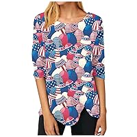 Women's Independence Day Fashionable Casual Round Neck Top Irregular Color Matching Printed Long Sleeve T-Shirt