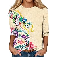 Women Blouses Fashion Dragon Print Crew Neck T-Shirts Casual 3/4 Sleeve Tops Spring Summer Tees 2024
