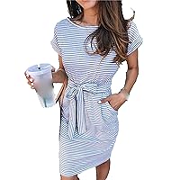 Women's Summer Striped Short Sleeve T Shirt Dress Belted Pencil Party Dresses Casual Crew Neck Tie Waist with Pockets