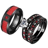 ringheart 2 Rings His and Hers Couple Rings Black and Red Rings Cz Womens Wedding Ring Sets Titanium Steel Mens Wedding Bands