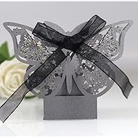 50 Pack Butterfly Laser Cut Wedding Candy Boxes with Ribbon Party Favor Boxes Small Gift Boxes for Wedding Bridal Shower Anniversary Birthday Party (Grey)