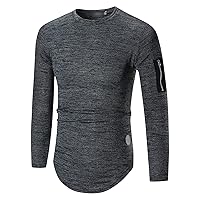 Men's Long Sleeve Curve Hem T-Shirt Crewneck Muscle Workout Fitted Pullover Zipper Pocket Hipster Hip Hop Tee Top (Dark Grey,XX-Large)
