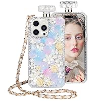 Losin Compatible with iPhone 15 Pro Max Bling Case Luxury Glitter Perfume Bottle Phone Case Cute Sparkle Rhinestones Diamond Flowers Pearl Cover with Lanyard Strap for Women Girls Girly, Purple/Rose