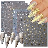 8 Sheets Metallic Nail Art Stickers Decal, Vintage 3D Self-Adhesive Nail Decals Retro Gold Silver Rose Moon Star Sun Shiny Glitter Nail Stickers for Women Girls Acrylic Nails Decorations Accessories