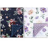 BORITAR 2 Pack Baby Blanket for Girls Super Soft Double Layer Minky with Dotted Backing Dark Blue Blanket with Beauty Floral Printed 30 x 40 Inch