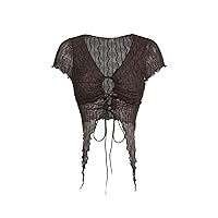 Womens Summer Tops Sexy Casual T Shirts for Women Grunge Lace Up Front Lettuce Trim Mesh Top