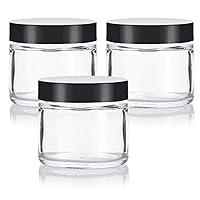 JUVITUS Clear Thick Glass Straight Sided Jar - 2 oz / 60 ml (3 pack) Airtight Smell Proof BPA Free Lids