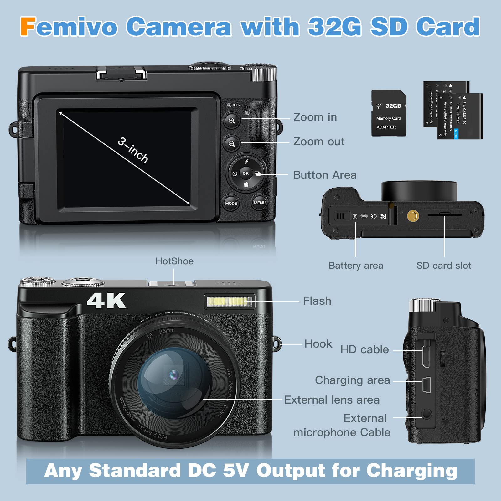 4K Digital Camera for Photography and Video Autofocus Anti-Shake, 48MP Vlogging Camera with SD Card, 3'' 180° Flip Screen Compact Camera with Flash, 16X Digital Zoom Travel Camera (2 Batteries)