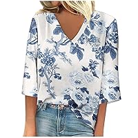Ladies Summer Tops and Blouses 2023,Fall Womens 3/4 Length Sleeve Tops Casual Loose 3/4 Sleeve Print V Neck Shirts Print Tee