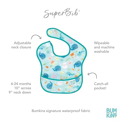 Bumkins Bibs for Girl or Boy, SuperBib Baby and Toddler for 6-24 Months, Essential Must Have for Eating, Feeding, Baby Led Weaning Supplies, Mess Saving Catch Food, Waterproof Soft Fabric, Ocean Life