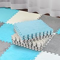 18 Pcs Plush Foam Floor Mat Square Interlocking Carpet Tiles with Border Fluffy Play Mat Floor Tiles Soft Climbing Area Rugs for Home Playroom Decor, 12 x 12 x 0.4 Inch (White, Light Gray, Royal Blue)