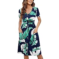 Casual Cocktail Dresses for Women Women Summer Short Sleeve Dresses Button Down Knee Length Dress with Pockets