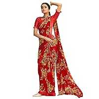 Women's Floral and Satin Border Printed Gerogette Saree with Unstitched Blouse