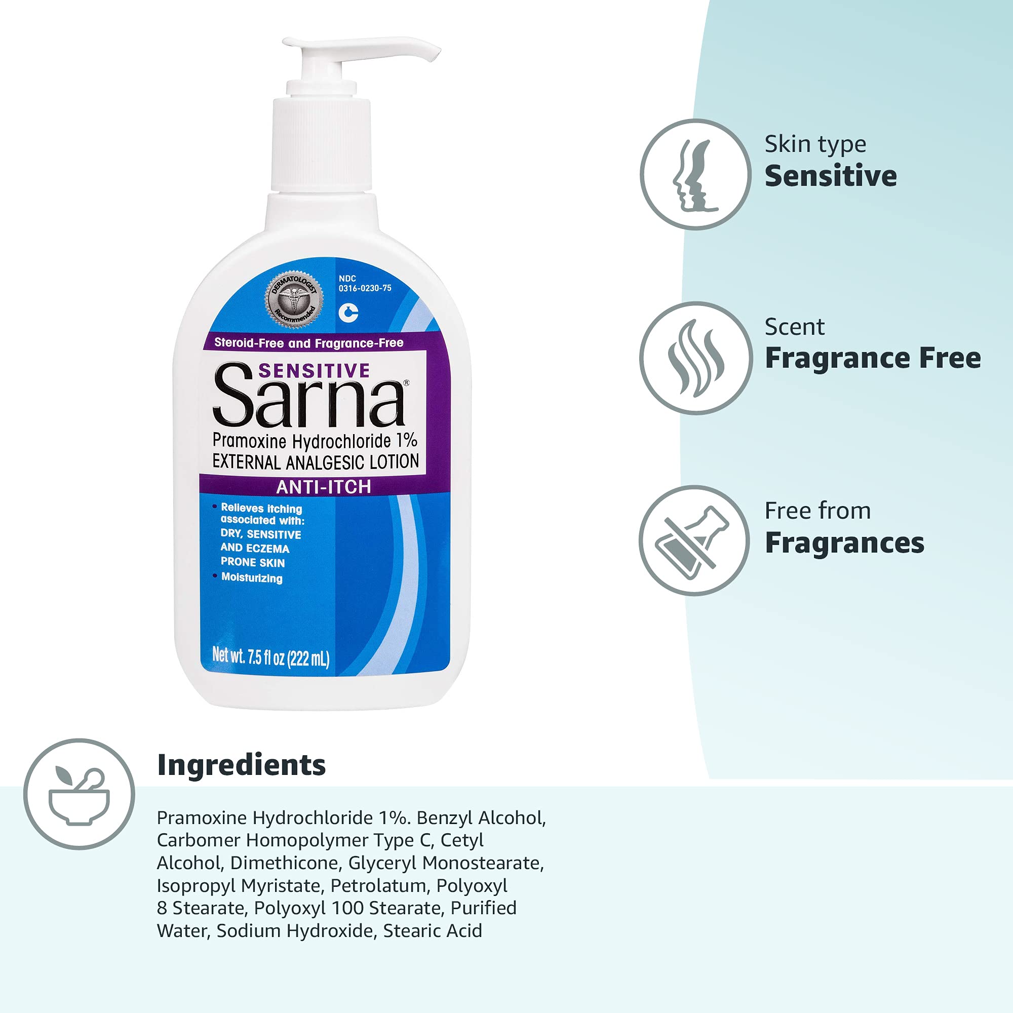 Sarna Sensitive Steroid-Free Anti-Itch Lotion for Dry Irritated Skin, Fragrance free - 7.5 Fl Oz