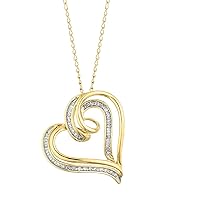 SwaraEcom 0.15Cttw Created White Diamond Cz Solid 14K Yellow Gold Plated Sterling Silver Open Double Heart Promise Pendant Necklace with Free 18