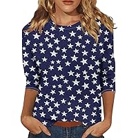 American Flag Crewneck Polyester Shirt Lady Hiking Plus Size 3/4 Sleeve Patriotic Soft Fashion Shirts Ladies Navy