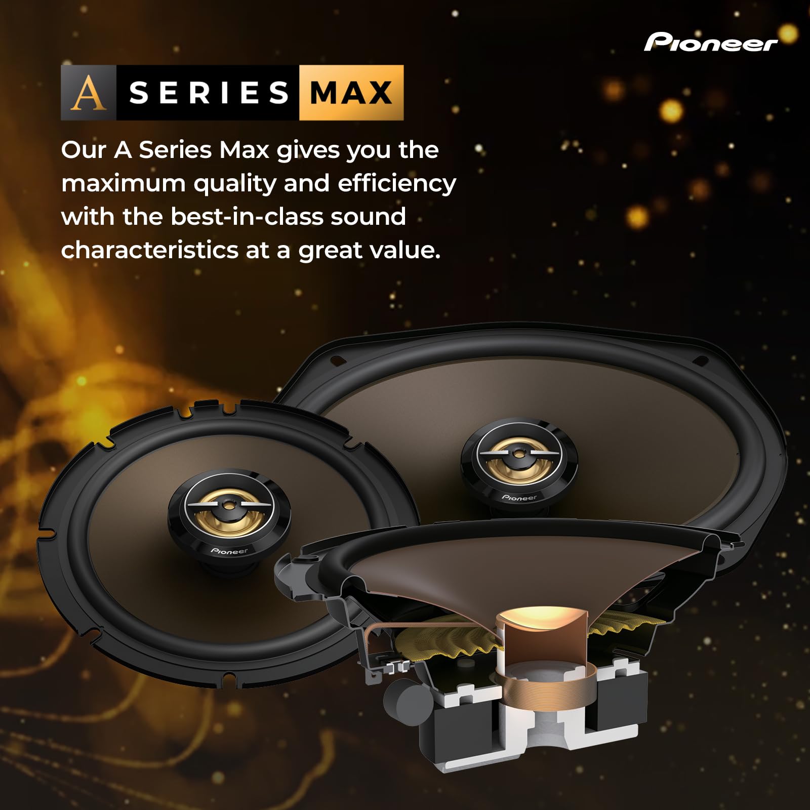 PIONEER A-Series MAX TS-A693FH, 2-Way Coaxial Car Audio Speakers, Full Range, Clear Sound Quality, Easy Installation and Enhanced Bass Response, Full Gold Colored 6” x 9” Oval Speakers