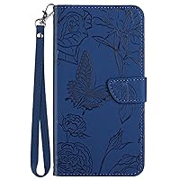 XYX Wallet Case for Samsung A35 5G, Emboss Butterfly Flower PU Leather Flip Protective Case with Wrist Strap Kickstand for Galaxy A35 5G, Blue