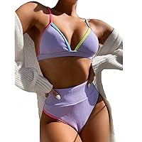 VOLAFA High Waisted Swimsuit Sports Ribbed Bikini Set Adjustable Shoulder Strap Two Piece Swimsuit Swimwear for Women