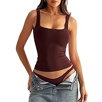 Women Square Neck Tank Tops with Shelf Bras Seamless Sleeveless Fitted Shirts Wine Red Large