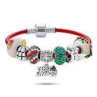 Christmas Theme Holiday Tree Reindeer Santa Sleigh Candy Cane Snowflake Gingerbread Man Beads Multi Charm Bracelet Leather For Women Teens .925 Sterling Silver European Barrel Snap Clasp With Display