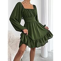 Women's Dress Dresses for Women Knot Back Lantern Sleeve Ruffle Hem Dress Dresses for Women (Color : Green, Size : Large)