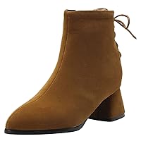 BIGTREE Womens Fashion Booties Pointed Toe Lace Up Ankle Boots with Chunky Block Heel