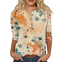 Women Tops 3/4 Length Sleeves Casual Floral Printed Button V Neck Shirt Loose Fit Going Out Sweatshirt Blouse
