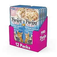INABA Twin Packs for Cats, Shredded Chicken & Broth Gelée Side Dish/Topper Pouch, 1.4 Ounces per Serving, 12 Pouches, Tuna & Chicken with Scallop Recipe in Scallop Broth